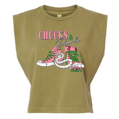 Chucks And Pearls Kamala Harris 2024 Aka Sorority Pink And Green Garment-Dyed Women's Muscle Tee