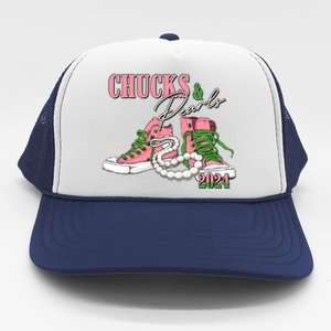 Chucks And Pearls Kamala Harris 2024 Aka Sorority Pink And Green Trucker Hat