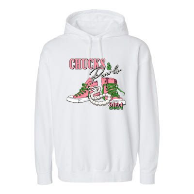 Chucks And Pearls Kamala Harris 2024 Aka Sorority Pink And Green Garment-Dyed Fleece Hoodie