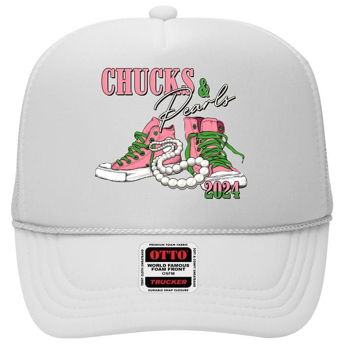 Chucks And Pearls Kamala Harris 2024 Aka Sorority Pink And Green High Crown Mesh Back Trucker Hat