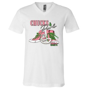 Chucks And Pearls Kamala Harris 2024 Aka Sorority Pink And Green V-Neck T-Shirt