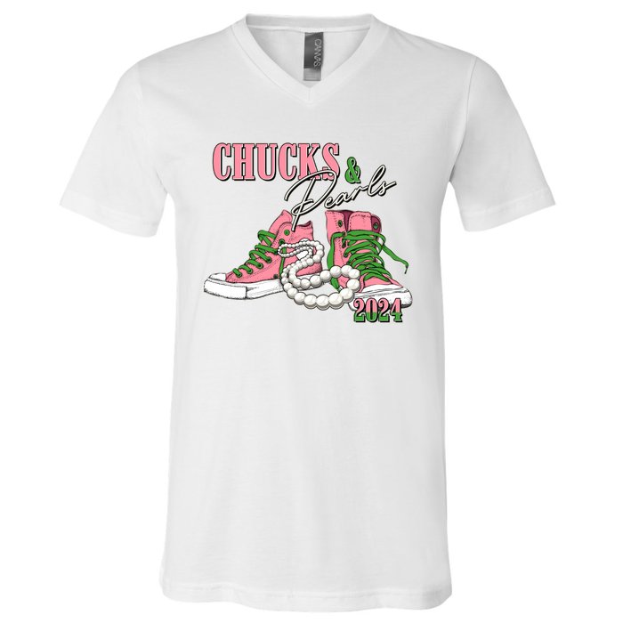 Chucks And Pearls Kamala Harris 2024 Aka Sorority Pink And Green V-Neck T-Shirt