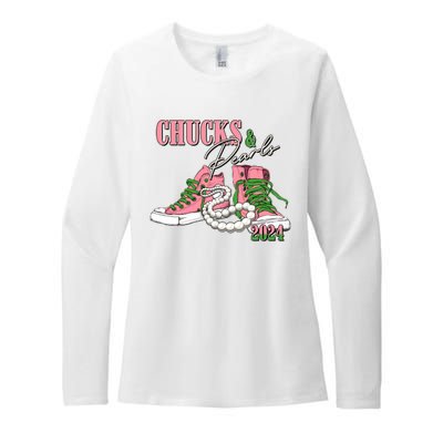 Chucks And Pearls Kamala Harris 2024 Aka Sorority Pink And Green Womens CVC Long Sleeve Shirt