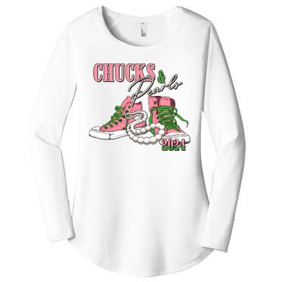 Chucks And Pearls Kamala Harris 2024 Aka Sorority Pink And Green Women's Perfect Tri Tunic Long Sleeve Shirt