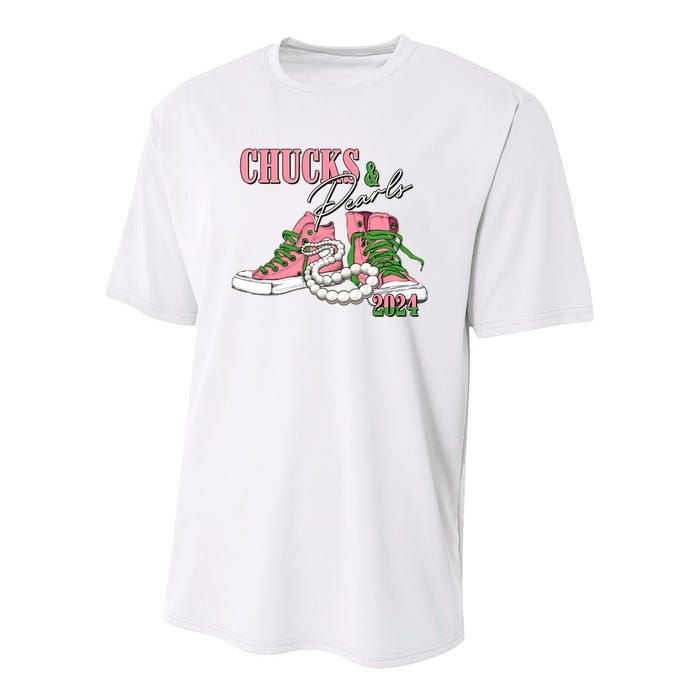 Chucks And Pearls Kamala Harris 2024 Aka Sorority Pink And Green Youth Performance Sprint T-Shirt