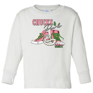 Chucks And Pearls Kamala Harris 2024 Aka Sorority Pink And Green Toddler Long Sleeve Shirt