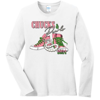 Chucks And Pearls Kamala Harris 2024 Aka Sorority Pink And Green Ladies Long Sleeve Shirt