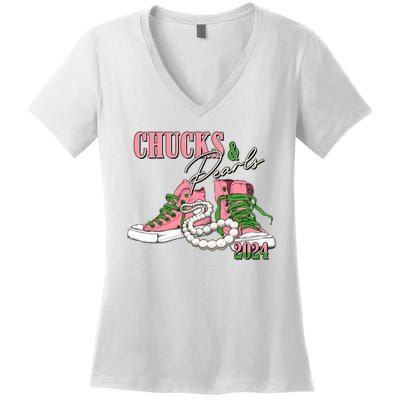 Chucks And Pearls Kamala Harris 2024 Aka Sorority Pink And Green Women's V-Neck T-Shirt