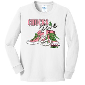 Chucks And Pearls Kamala Harris 2024 Aka Sorority Pink And Green Kids Long Sleeve Shirt