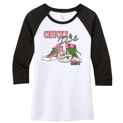 Chucks And Pearls Kamala Harris 2024 Aka Sorority Pink And Green Women's Tri-Blend 3/4-Sleeve Raglan Shirt