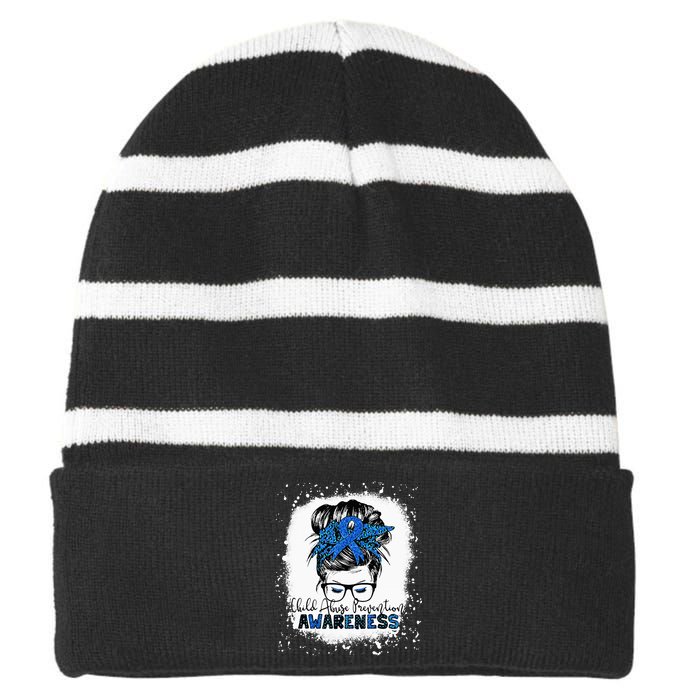 Child Abuse Prevention Awareness Messy Hair Bun Striped Beanie with Solid Band