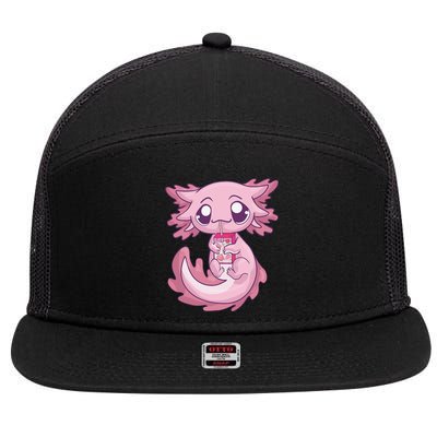 Cute Axolotl Pastel Goth Kawaii Anime Strawberry Milk 7 Panel Mesh Trucker Snapback Hat