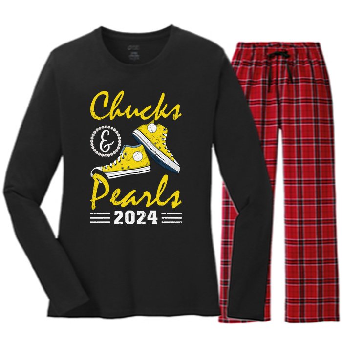 Chucks And Pearls Kamala Harris 2024 Usa Election 2024 Women's Long Sleeve Flannel Pajama Set 