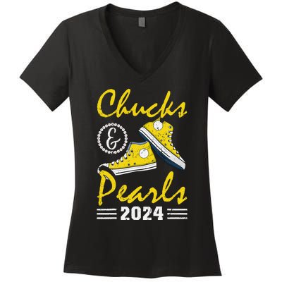 Chucks And Pearls Kamala Harris 2024 Usa Election 2024 Women's V-Neck T-Shirt