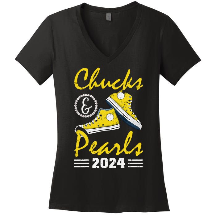 Chucks And Pearls Kamala Harris 2024 Usa Election 2024 Women's V-Neck T-Shirt