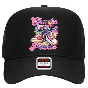 Chucks And Pearls 2024 Funny Kamala Harris 2024 Election High Crown Mesh Back Trucker Hat