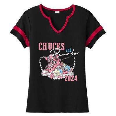 Chucks And Pearls 2024 Im With Her Kamala 2024 Ladies Halftime Notch Neck Tee