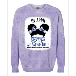 Child Abuse Prevention Awareness Month Blue Ribbon Messy Bun Gift Colorblast Crewneck Sweatshirt