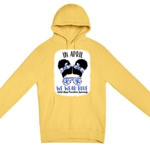 Child Abuse Prevention Awareness Month Blue Ribbon Messy Bun Gift Premium Pullover Hoodie