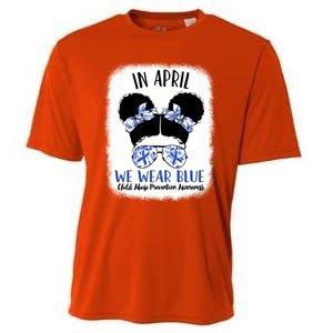 Child Abuse Prevention Awareness Month Blue Ribbon Messy Bun Gift Cooling Performance Crew T-Shirt