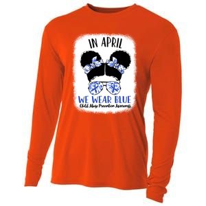 Child Abuse Prevention Awareness Month Blue Ribbon Messy Bun Gift Cooling Performance Long Sleeve Crew