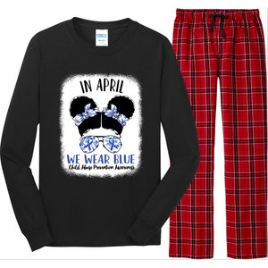 Child Abuse Prevention Awareness Month Blue Ribbon Messy Bun Gift Long Sleeve Pajama Set