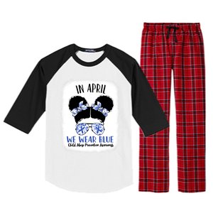 Child Abuse Prevention Awareness Month Blue Ribbon Messy Bun Gift Raglan Sleeve Pajama Set