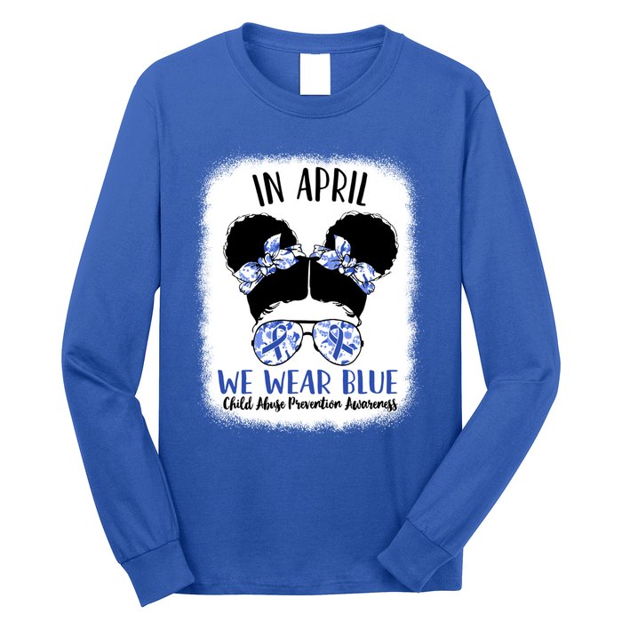 Child Abuse Prevention Awareness Month Blue Ribbon Messy Bun Gift Long Sleeve Shirt