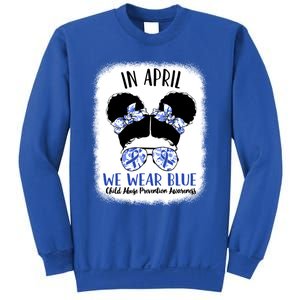 Child Abuse Prevention Awareness Month Blue Ribbon Messy Bun Gift Sweatshirt