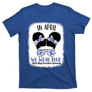 Child Abuse Prevention Awareness Month Blue Ribbon Messy Bun Gift T-Shirt