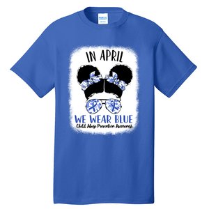 Child Abuse Prevention Awareness Month Blue Ribbon Messy Bun Gift Tall T-Shirt