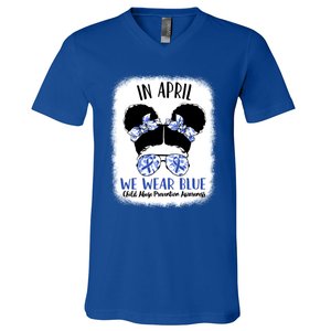 Child Abuse Prevention Awareness Month Blue Ribbon Messy Bun Gift V-Neck T-Shirt