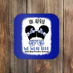 Child Abuse Prevention Awareness Month Blue Ribbon Messy Bun Gift Coaster