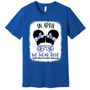 Child Abuse Prevention Awareness Month Blue Ribbon Messy Bun Gift Premium T-Shirt