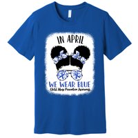 Child Abuse Prevention Awareness Month Blue Ribbon Messy Bun Gift Premium T-Shirt