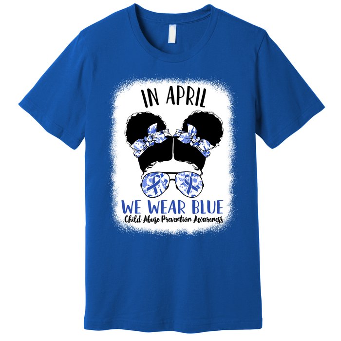 Child Abuse Prevention Awareness Month Blue Ribbon Messy Bun Gift Premium T-Shirt