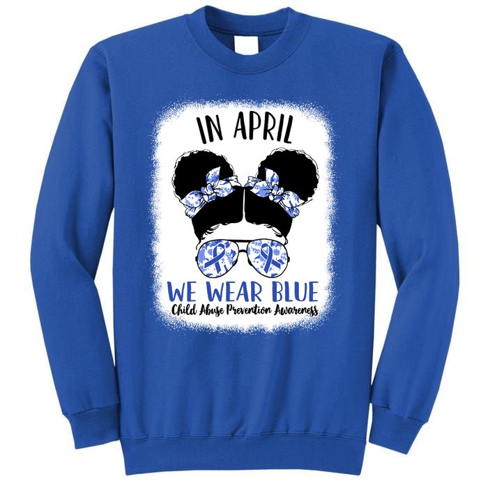 Child Abuse Prevention Awareness Month Blue Ribbon Messy Bun Gift Tall Sweatshirt