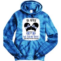 Child Abuse Prevention Awareness Month Blue Ribbon Messy Bun Gift Tie Dye Hoodie