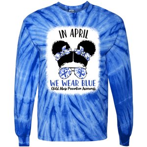 Child Abuse Prevention Awareness Month Blue Ribbon Messy Bun Gift Tie-Dye Long Sleeve Shirt