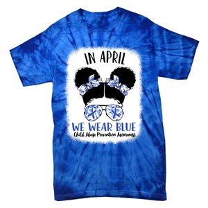 Child Abuse Prevention Awareness Month Blue Ribbon Messy Bun Gift Tie-Dye T-Shirt