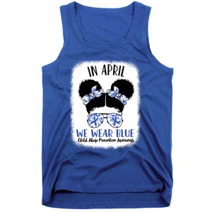 Child Abuse Prevention Awareness Month Blue Ribbon Messy Bun Gift Tank Top