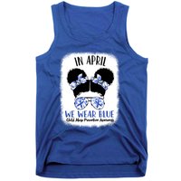 Child Abuse Prevention Awareness Month Blue Ribbon Messy Bun Gift Tank Top