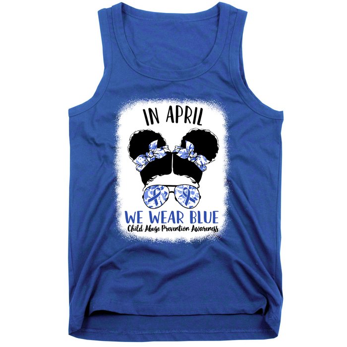 Child Abuse Prevention Awareness Month Blue Ribbon Messy Bun Gift Tank Top