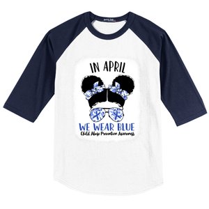 Child Abuse Prevention Awareness Month Blue Ribbon Messy Bun Gift Baseball Sleeve Shirt