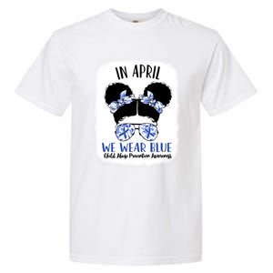 Child Abuse Prevention Awareness Month Blue Ribbon Messy Bun Gift Garment-Dyed Heavyweight T-Shirt