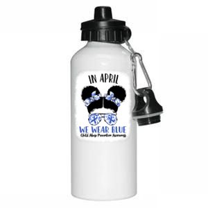 Child Abuse Prevention Awareness Month Blue Ribbon Messy Bun Gift Aluminum Water Bottle