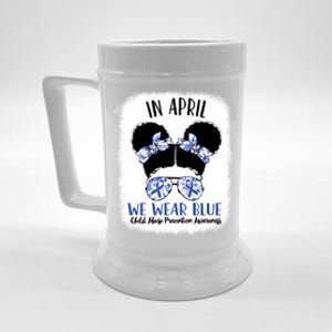 Child Abuse Prevention Awareness Month Blue Ribbon Messy Bun Gift Beer Stein