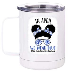 Child Abuse Prevention Awareness Month Blue Ribbon Messy Bun Gift 12 oz Stainless Steel Tumbler Cup