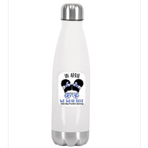 Child Abuse Prevention Awareness Month Blue Ribbon Messy Bun Gift Stainless Steel Insulated Water Bottle