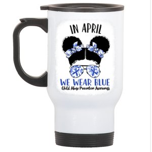 Child Abuse Prevention Awareness Month Blue Ribbon Messy Bun Gift Stainless Steel Travel Mug